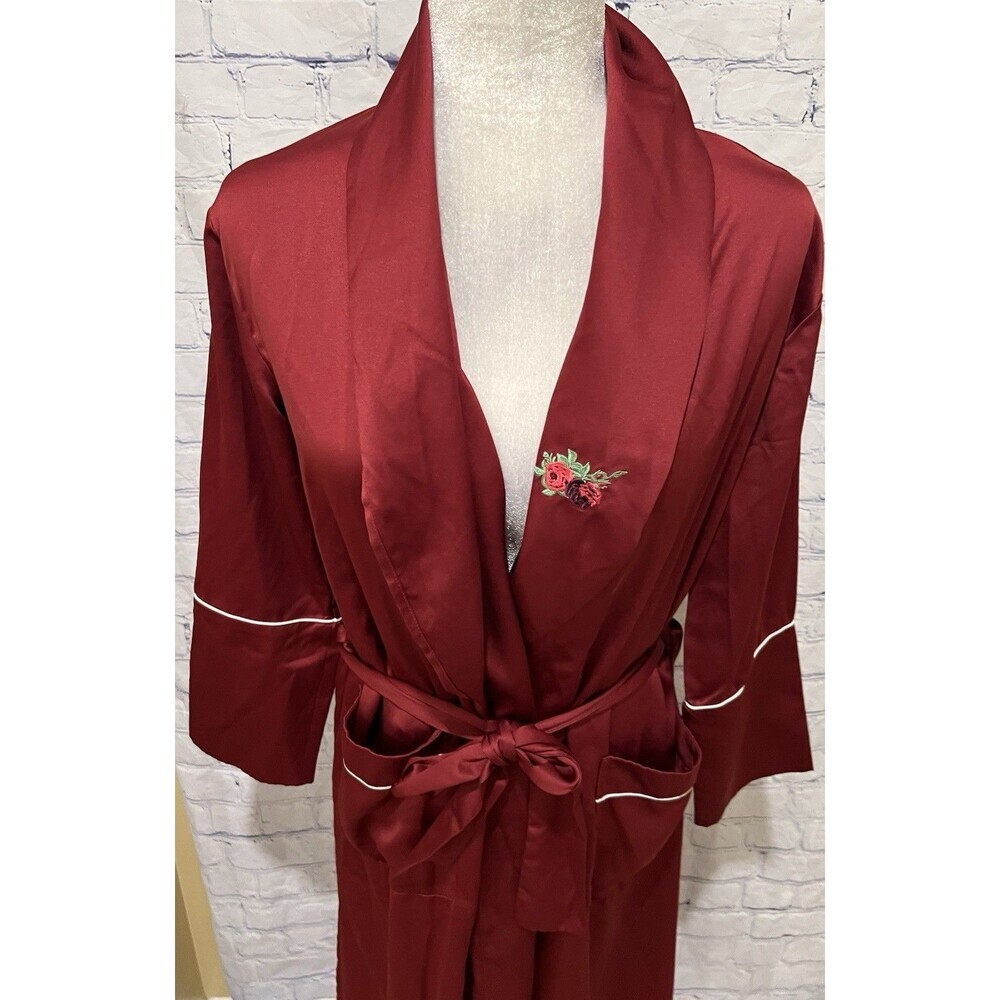 Bed To Brunch Maroon Satin Long Robe Embroidered Rose Size XS - Picture 2 of 7